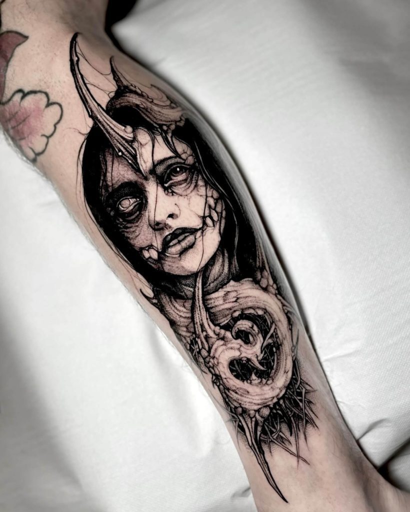 demon girl blackwork tattoo