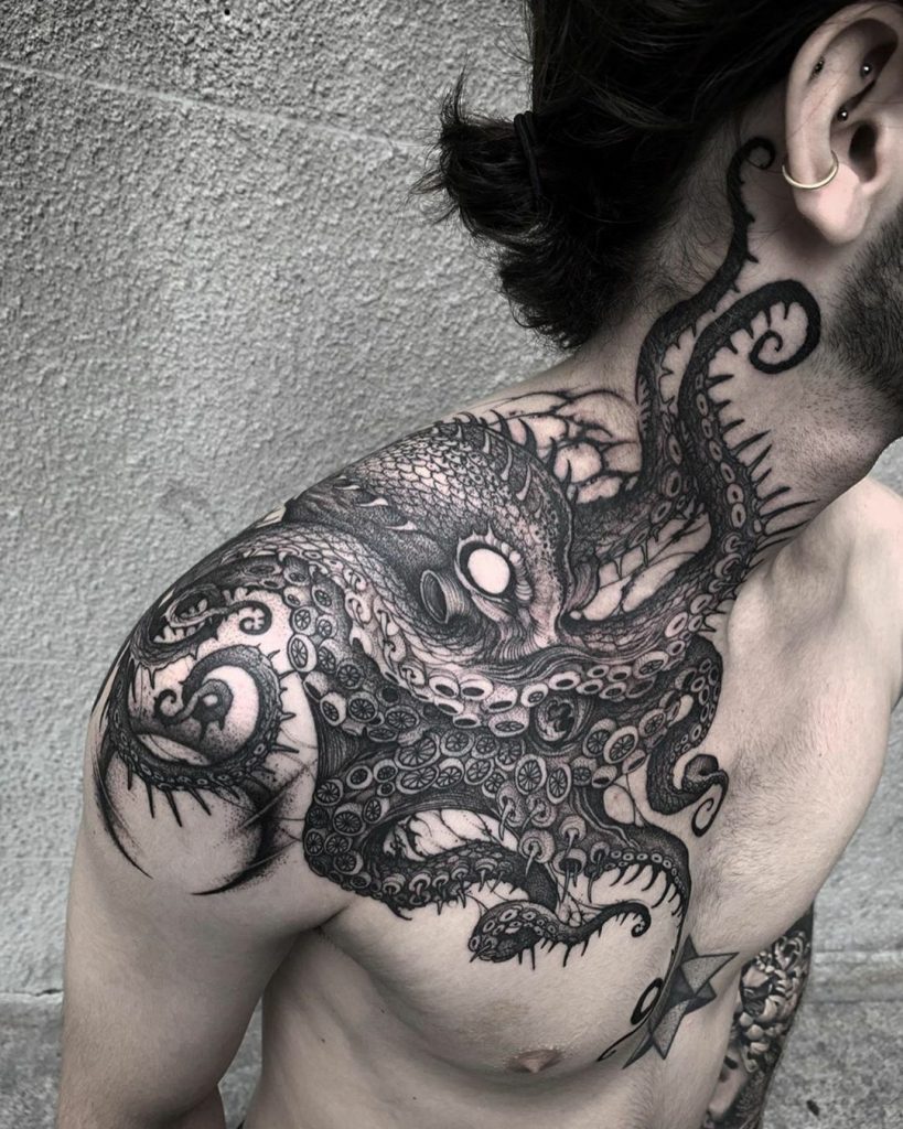 shoulder neck blackwork octopus tattoo